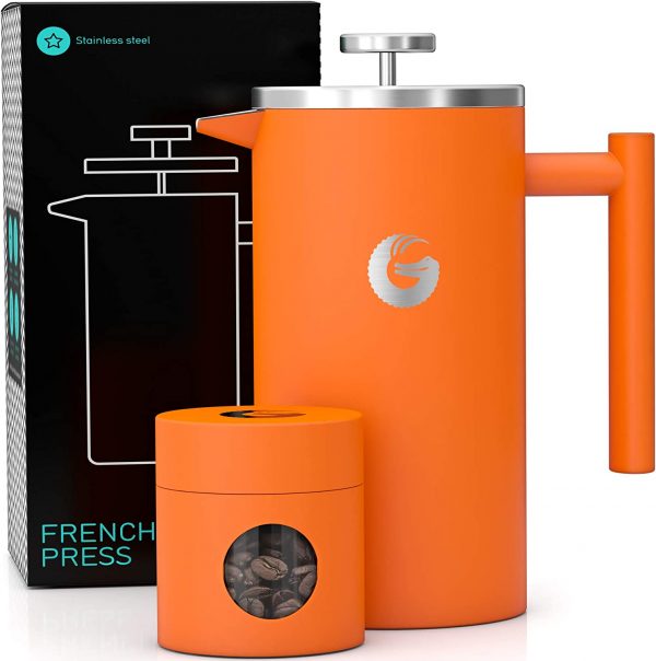 Coffee Gator Cafetiere - French Press Coffee Maker - Large Capacity, Double-Wall Insulated Stainless Steel Brewer - Hotter for Longer – Orange