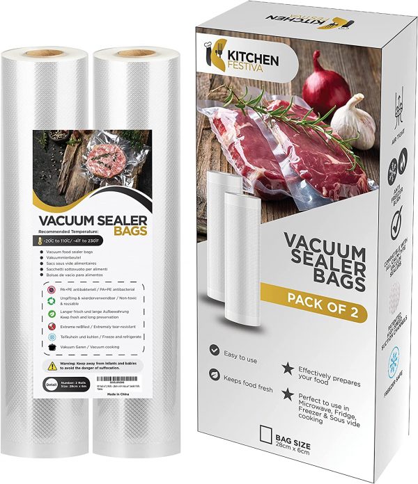 Kitchen Festiva Vacuum Sealer Rolls – 2-Pack, 28cm x 6m ea, BPA-Free, Reusable & Heavy-Duty Vacuum Sealer Bags – Extreme Temperature & Tear...