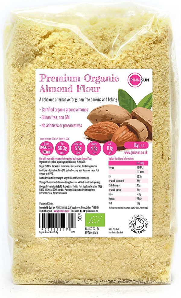 PINK SUN Organic Ground Almonds 1kg (or 2kg 3kg 5kg) Almond Flour 1000g Low Carb Blanched Meal for Gluten Free Baking Vegetarian Bio Bulk Buy