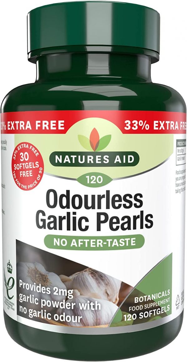 Natures Aid Odourless Garlic Pearls, 120 Softgel Capsules (One-a-Day, to Help Maintain a Healthy Heart and Blood Circulation, Made in the UK