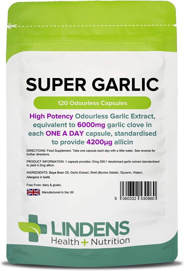 Lindens Super Garlic Odourless Capsules - 120 Pack - High Strength 6000mg (4200mcg Allicin) - Contributes to Normal Muscle Function, Heart Health and Immune...