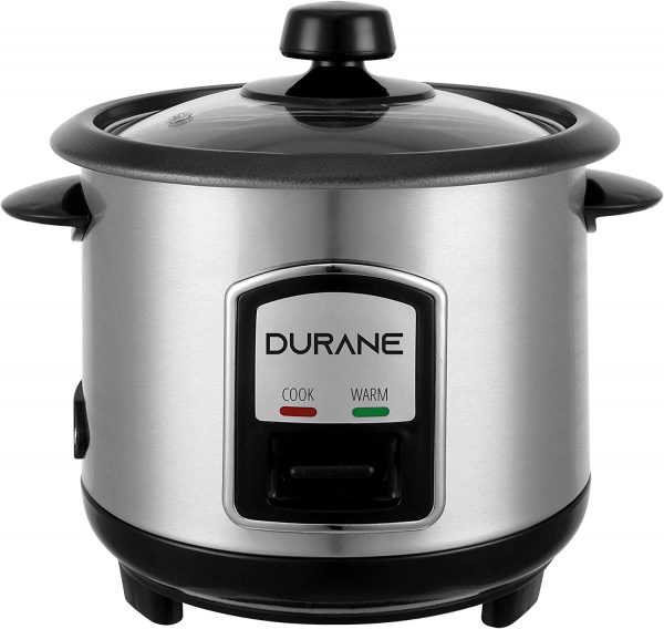 DURANE Electric Rice Cooker 800ml Stainless Steel Cook/Warm Functions and Vented Glass Lid