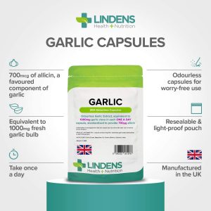 Lindens Garlic Odourless Capsules - 1000mg (700mcg Allicin) - 200 Capsules for 200 Days’ Supply - UK Manufacturer, Letterbox Friendly