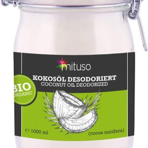 mituso organic coconut oil, tasteless (deodorised), 1 pack (1 x 1000 ml) in iron-on glass