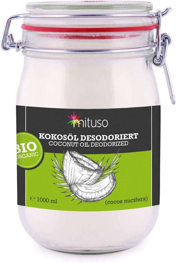 mituso organic coconut oil, tasteless (deodorised), 1 pack (1 x 1000 ml) in iron-on glass