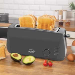 Quest 35089 Extra Wide 4 Slice Long Slot Toaster | Variable Browning Control | Reheat and Defrost | Anti-Jam Function | Crumb Tray and Cord Storage Grey
