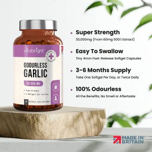 Odourless Garlic Capsules - High Strength 30,000mg - 180 Deodourised Garlic Oil Softgels – High in Allicin Garlic Supplement - 100% Natural Cold Pressed...