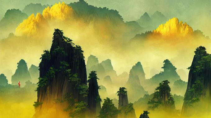 Huangshan Mountain Yellow Mountain, Anhui province, China, digital art. China - home of baijiu.