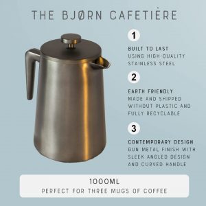 BJØRN Cafetiere 8 Cup 1 Litre French Press Coffee Maker Stainless Steel - Silver
