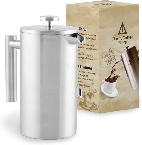 Clarity Coffee Store Cafetiere - French Press Coffee Maker - Large Stainless Steel Brewer - 1 Litre Double-Wall Insulated - For Homes & Camping