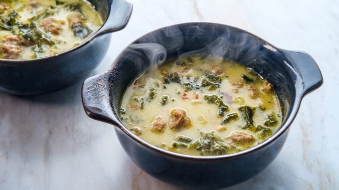 Tuscan Sausage and Kale soup (Zuppa Toscana) in a bowl.