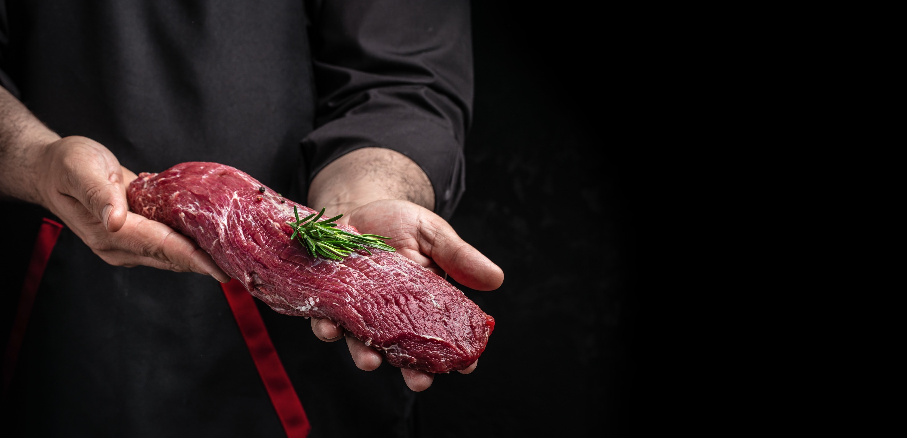 male hands holding beef meat on a dark background, Whole piece of tenderloin with steaks and spices ready to cook, butchery skills, Long banner format,