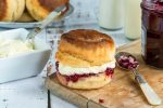 Traditional English scones with strawberry jam and clotted cream
