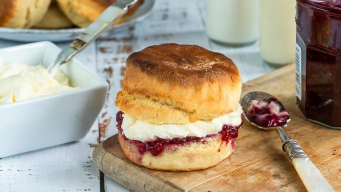 Traditional English scones with strawberry jam and clotted cream