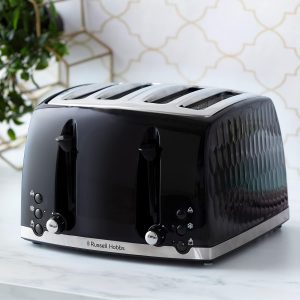 Russell Hobbs 26071 4 Slice Toaster - Contemporary Honeycomb Design with Extra Wide Slots and High Lift Feature, Black