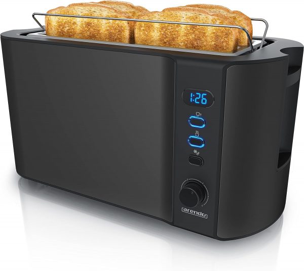 Arendo - Stainless steel toaster slotted 4 slices - defrost function - heat-insulating housing - with integrated bread roll attachment - crumb drawer