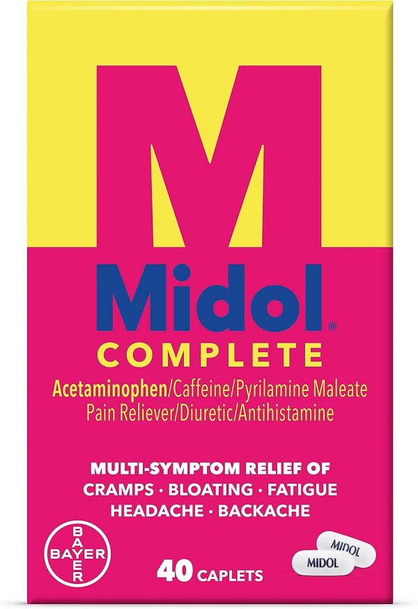 Midol Complete, Menstrual Period Symptoms Relief Including Premenstrual Cramps, Pain, Headache, and Bloating, Caplets, 40 Count, Packaging May Vary