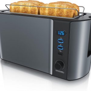Arendo - Frukost 4 slice long slot toaster - double wall housing – with warming rack – 6 browning settings – auto bread centring – reheat defrost cancel function– remaining time display