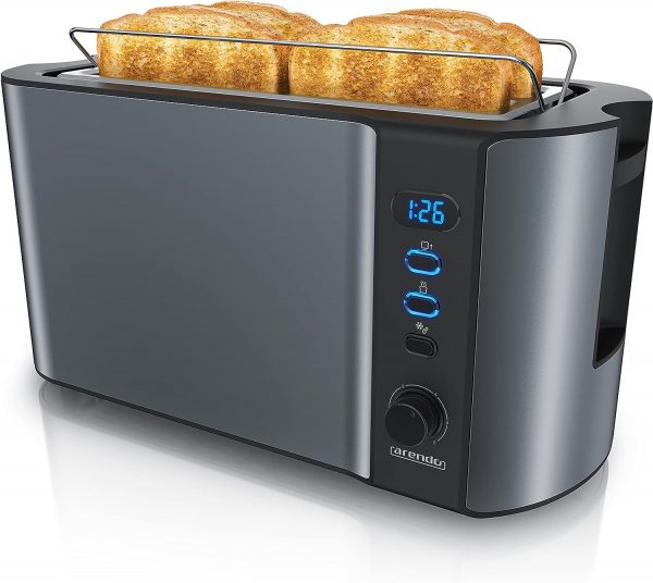 Arendo - Frukost 4 slice long slot toaster - double wall housing – with warming rack – 6 browning settings – auto bread centring – reheat defrost cancel function– remaining time display