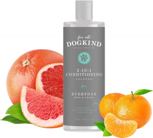 For All DogKind 2-in-1 Dog Shampoo - Refreshing Grapefruit and Mandarin Oil - Gentle Care for Dogs and Puppies - Flea and Tick Wash - Deep Clean & Boost Shine - 250ml