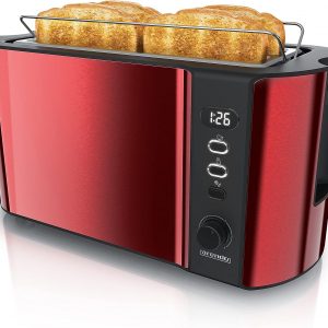 Arendo - Stainless steel toaster long slot 4 slices - defrost function - heat-insulating housing - with integrated bread roll attachment - 1500 W - crumb drawer