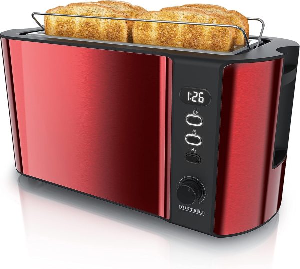 Arendo - Stainless steel toaster long slot 4 slices - defrost function - heat-insulating housing - with integrated bread roll attachment - 1500 W - crumb drawer