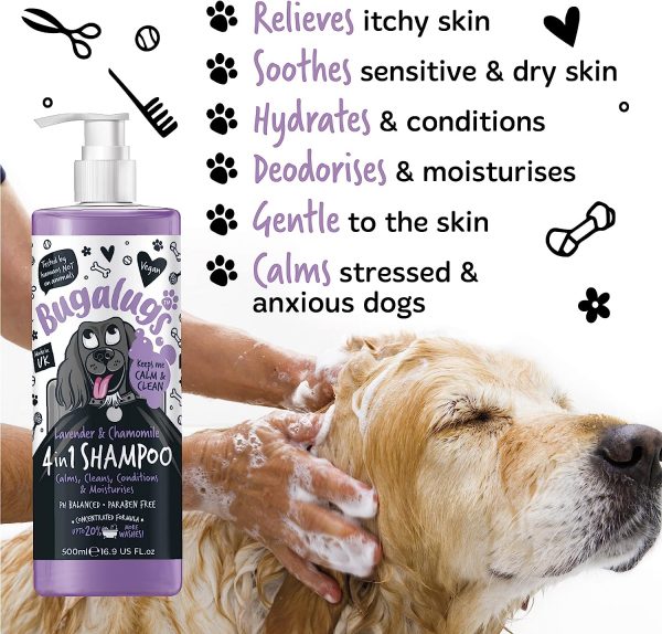 Dog Shampoo by Bugalugs lavender & chamomile 4 in 1 dog grooming shampoo products for smelly dogs with fragrance, best puppy shampoo, professional groom Vegan pet shampoo & conditioner (1 Litre)