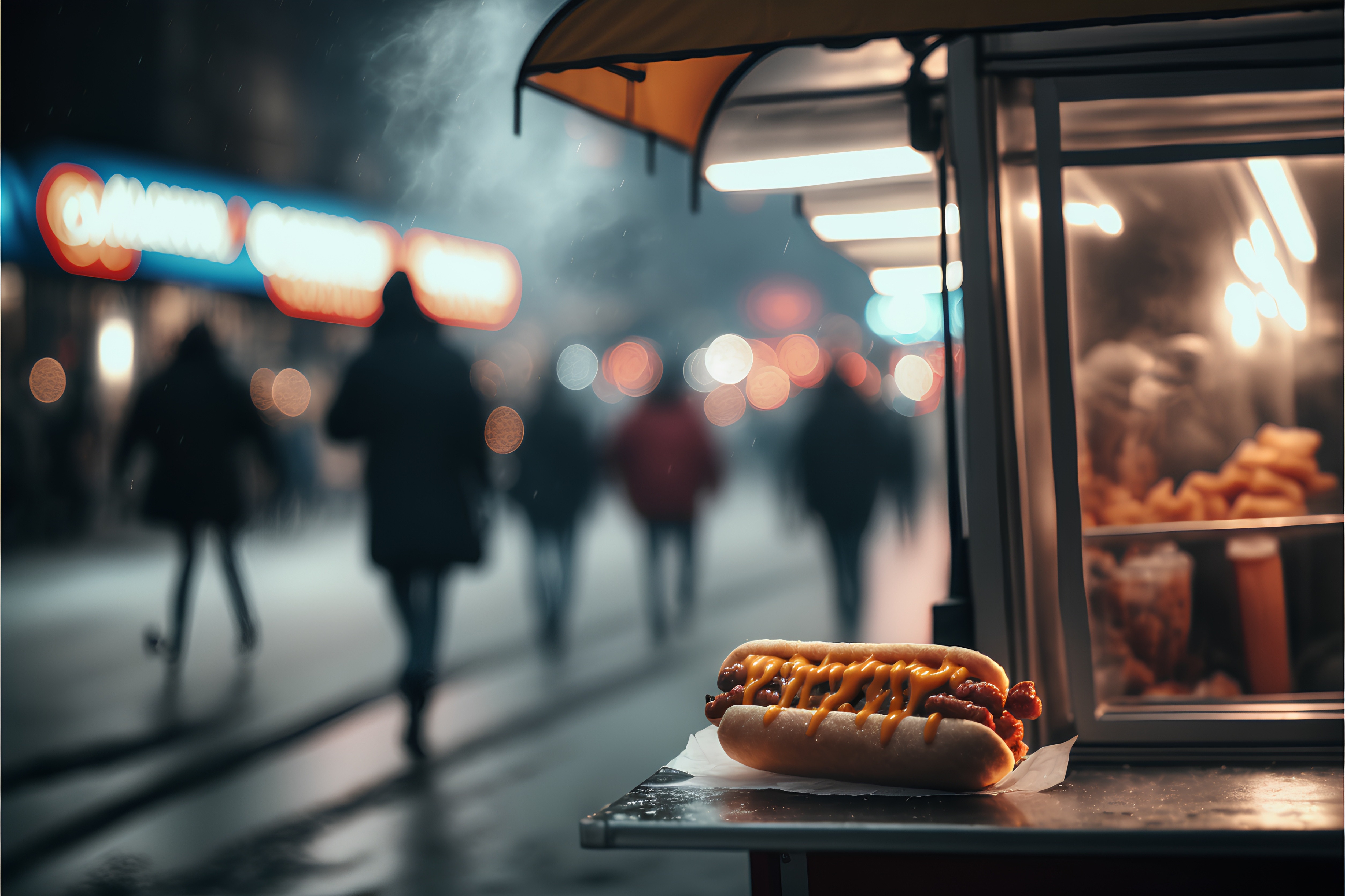 Hot dogs with mustard on the street at night. Street food concept