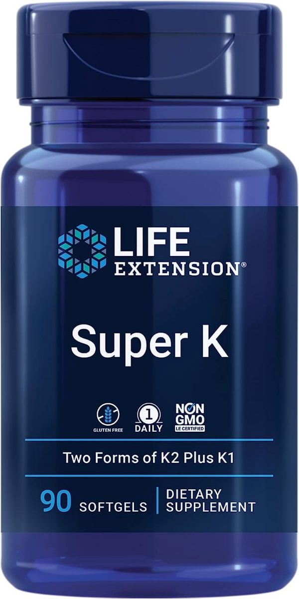 Life Extension Super K, vitamin K1, vitamin K2 mk-7, vitamin K2 mk-4, vitamin C, bone health, heart health, arterial health, 3-month supply, Gluten-Free, 1...