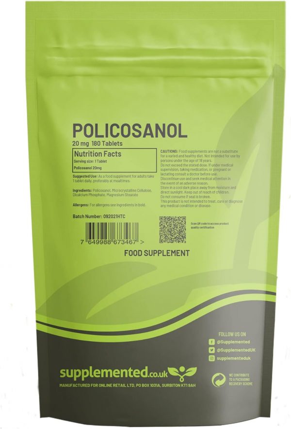 Policosanol 20mg 180 Tablets UK Made. Pharmaceutical Grade High Strength Vegan Supplement