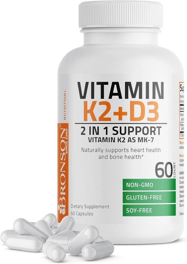 Bronson Vitamin K2 (MK7) with D3 Supplement Non-GMO Formula 5000 IU Vitamin D3 & 90 mcg Vitamin K2 MK-7 Easy to Swallow Vitamin D & K Complex, 60...