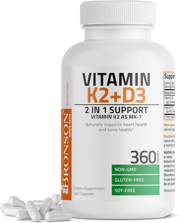 Bronson Vitamin K2 (MK7) with D3 Supplement Non-GMO Formula 5000 IU Vitamin D3 & 90 mcg Vitamin K2 MK-7 Easy to Swallow Vitamin D & K Complex, 360...