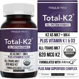 Total K2® | Vitamin K2 as MK7 & MK4 | Plus K1 & Vitamin D3 Cofactor - 620 mcg K2 per Serving - All-Trans MK7 from MenaQ7® - Full-Spectrum Vitamin K - Vegan, Organic Certified (60 Capsules)
