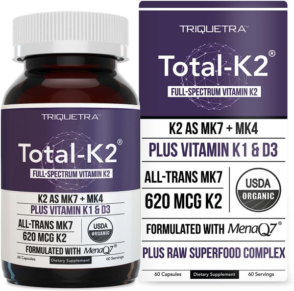 Total K2® | Vitamin K2 as MK7 & MK4 | Plus K1 & Vitamin D3 Cofactor - 620 mcg K2 per Serving - All-Trans MK7 from MenaQ7® - Full-Spectrum Vitamin K - Vegan, Organic Certified (60 Capsules)