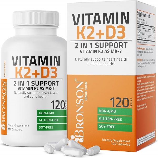 Bronson Vitamin K2 (MK7) with D3 Supplement Non-GMO Formula 5000 IU Vitamin D3 & 90 mcg Vitamin K2 MK-7 Easy to Swallow Vitamin D & K Complex, 120...