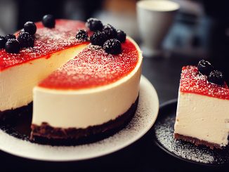 Sweet delicious cheesecake drizzled with golden caramel with blueberries and blackberries