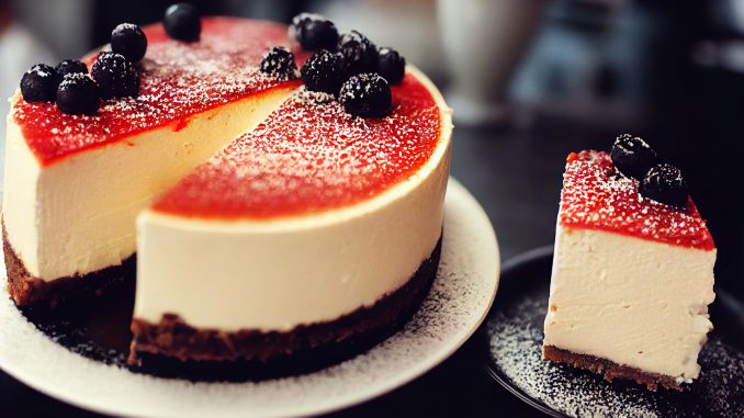Sweet delicious cheesecake drizzled with golden caramel with blueberries and blackberries