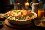 A bowl of comforting chicken pot pie with a flaky pastry crust. Generative AI