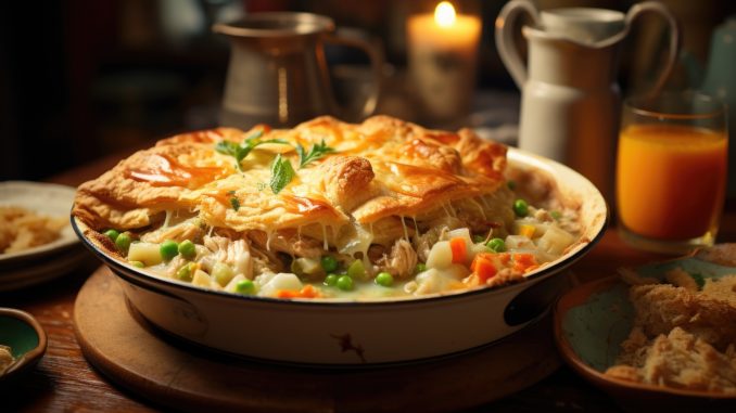 A bowl of comforting chicken pot pie with a flaky pastry crust. Generative AI
