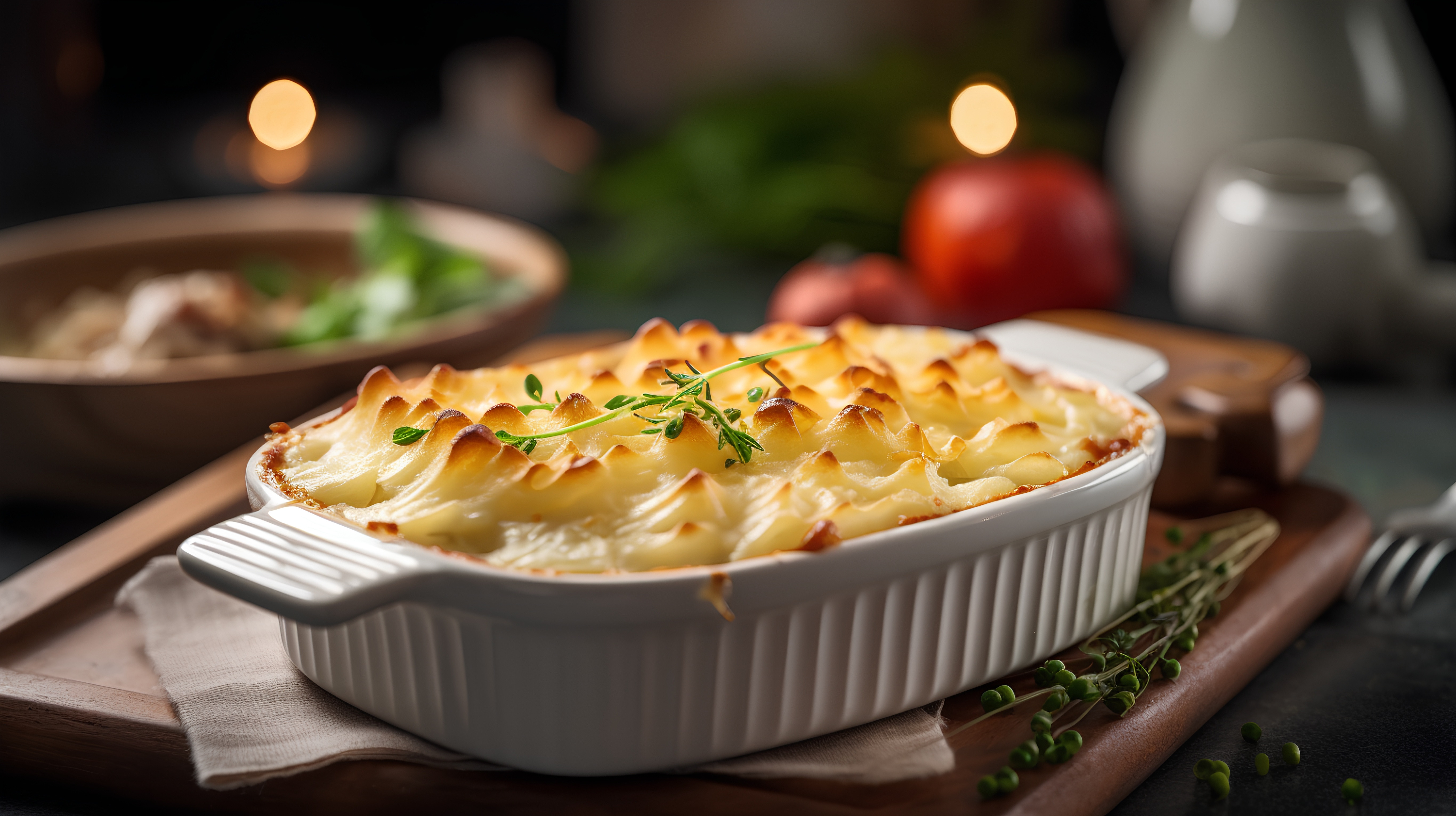 Baked potato casserole with cheese and herbs in baking dish