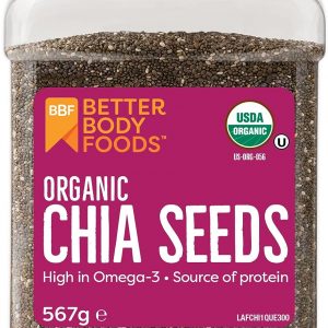 BetterBody Foods Organic Chia Seeds - Source of Omega-3, 5g of Protein, 10g of Fibre - Vegan, Keto, Gluten Free and Non-GMO Flavour Neutral Favourite - 567g