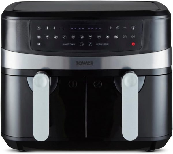 Tower T17088 Vortx 9L Duo Basket Air Fryer with Smart Finish, 2600W Power, Black