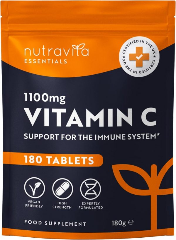 Vitamin C Tablets 1100mg – 180 Premium Vegan and Vegetarian Tablets – 3 Month Supply - High Strength Ascorbic Acid - Vitamin C for The Immune System -...
