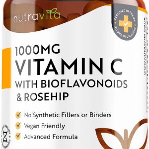 Vitamin C 1000mg – 180 Premium Vegan & Vegetarian Tablets – 6 Month Supply – High Strength Ascorbic Acid – with Added Bioflavonoids & Rosehip – for Normal Immune System – Made in The UK by Nutravita