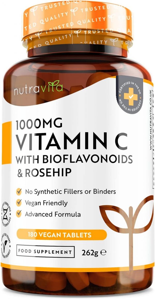 Vitamin C 1000mg – 180 Premium Vegan & Vegetarian Tablets – 6 Month Supply – High Strength Ascorbic Acid – with Added Bioflavonoids & Rosehip – for Normal Immune System – Made in The UK by Nutravita