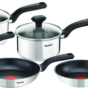 Tefal Comfort Max, Pan Set, 14cm Milkpan, 16cm & 18cm Saucepans with Lids, 20cm & 24cm Frying Pans, Induction Compatible, Stainless Steel, C972S544
