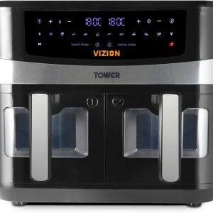 Tower T17088 Vortx Xpress Air Fryer - Oil Free Air Fryer - Dual Basket Electric Deep Fryer with Smart Finish Function, 2600W Power, 9L, Black