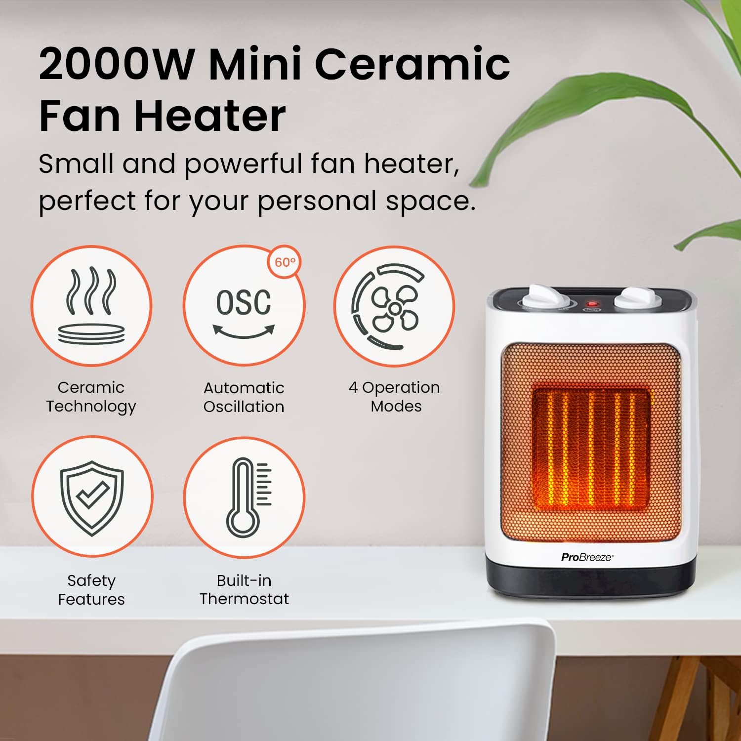 Pro Breeze® 2000W Ceramic Fan Heater - Electric Heater with Automatic Oscillation, Thermostat, 2 Heat Settings & Tip-Over Protection - Portable Heater...
