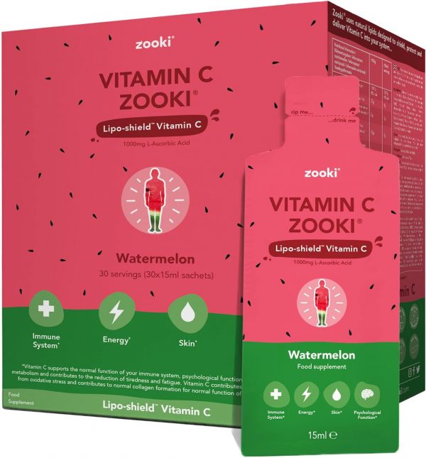 Zooki® Liposomal Vitamin C 1000mg Liquid Sachets | Alcohol Free, Vegan, Soy Free, Natural Ingredients | Immune System, Skin & Energy Support (Watermelon...