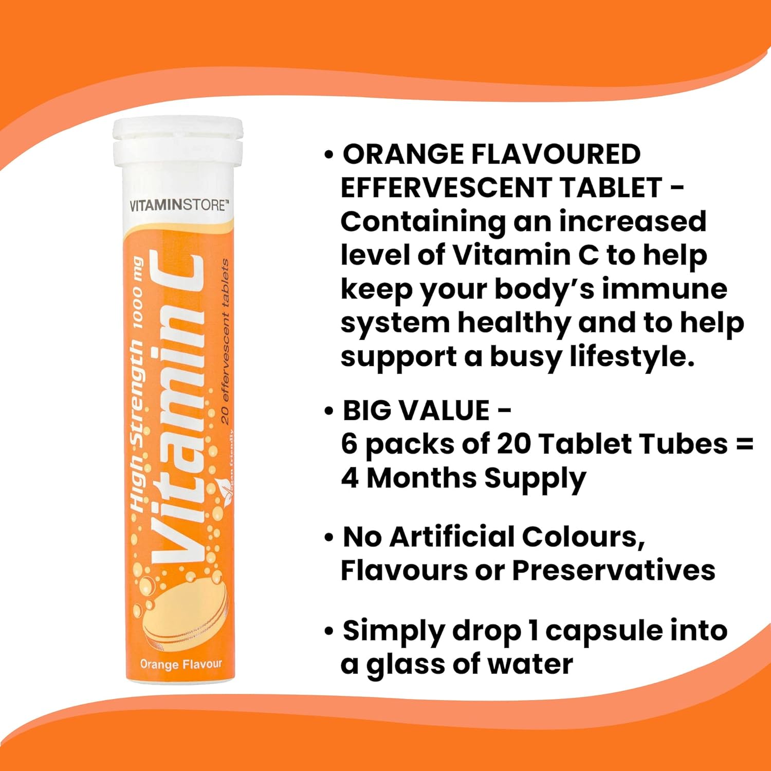 120 Vitamin C Orange 1000mg Effervescent Tablets *6 Packs of 20* HIGH Strength